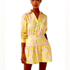 NEW Pink Banana Leaf Collared Shirt Mini Dress Tropical Yellow Size 12-14